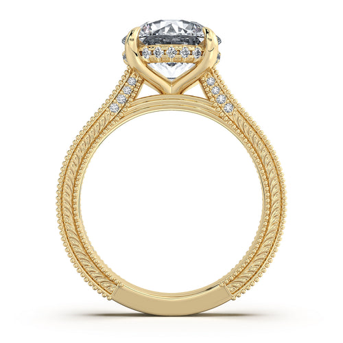 Load image 1 in gallery view. Yellow Gold Round Hand-Engraved Diamond Engagement Ring Profile View | Waco Diamonds Is Located In Waco, TX | Central Texas' #1 Engagement Ring Store With Lifetime Warranty