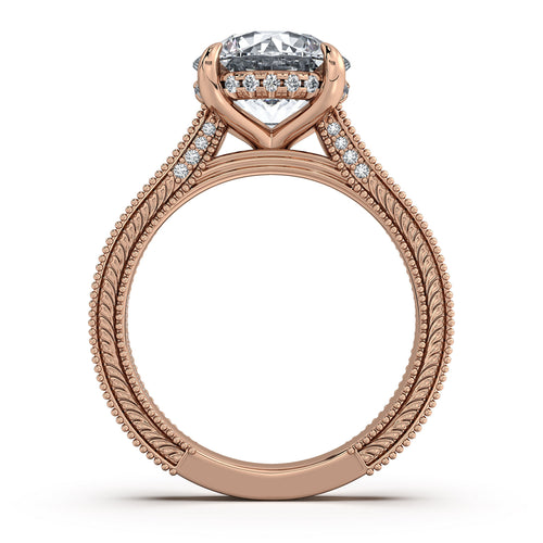 Load image 1 in gallery view. Rose Gold Round Hand-Engraved Diamond Engagement Ring Profile View | Waco Diamonds Is Located In Waco, TX | Central Texas' #1 Engagement Ring Store With Lifetime Warranty