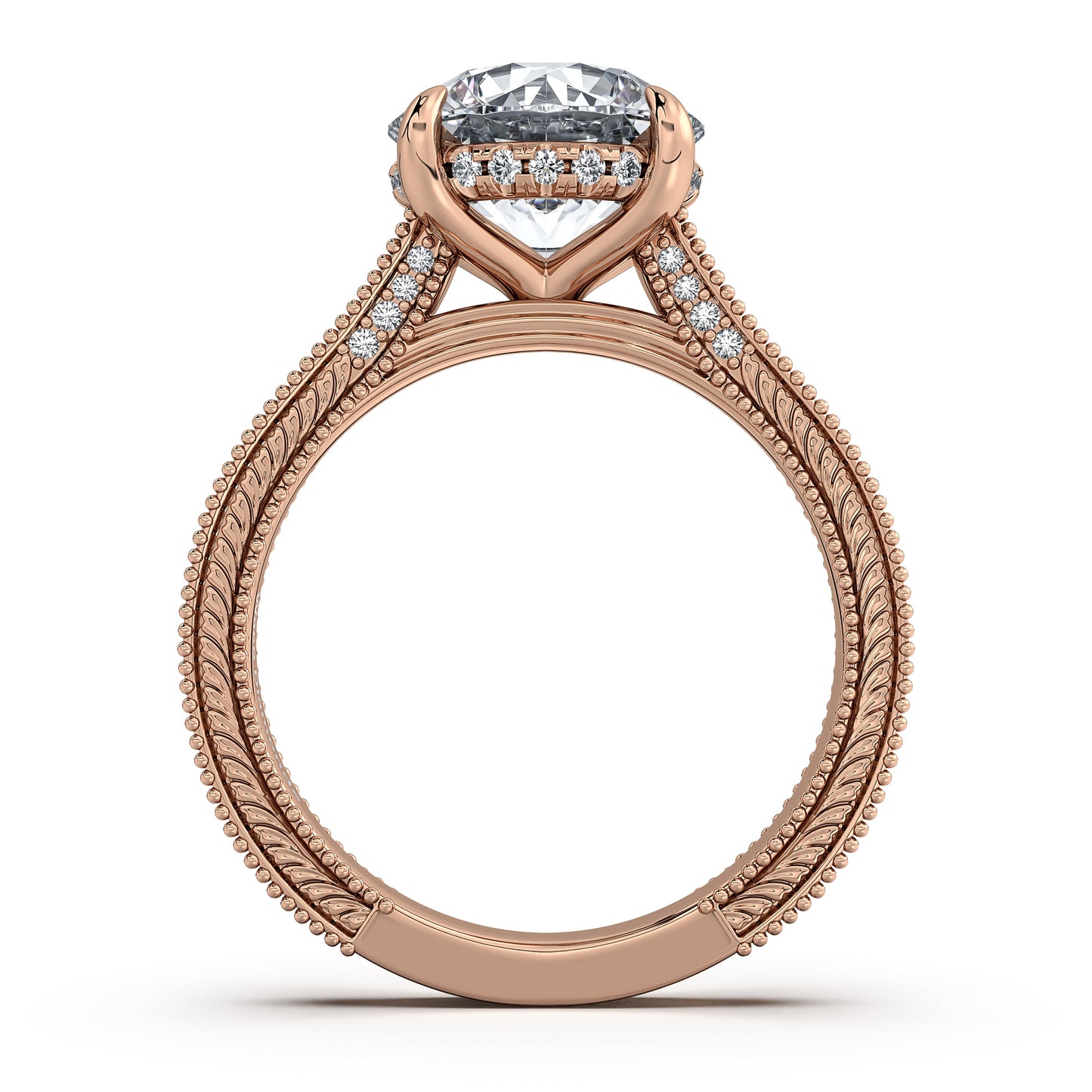 Rose Gold Round Hand-Engraved Diamond Engagement Ring Profile View | Waco Diamonds Is Located In Waco, TX | Central Texas' #1 Engagement Ring Store With Lifetime Warranty