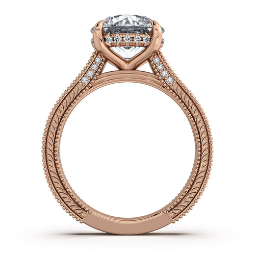 Load image 1 in gallery view. Rose Gold Round Hand-Engraved Diamond Engagement Ring Profile View | Waco Diamonds Is Located In Waco, TX | Central Texas' #1 Engagement Ring Store With Lifetime Warranty