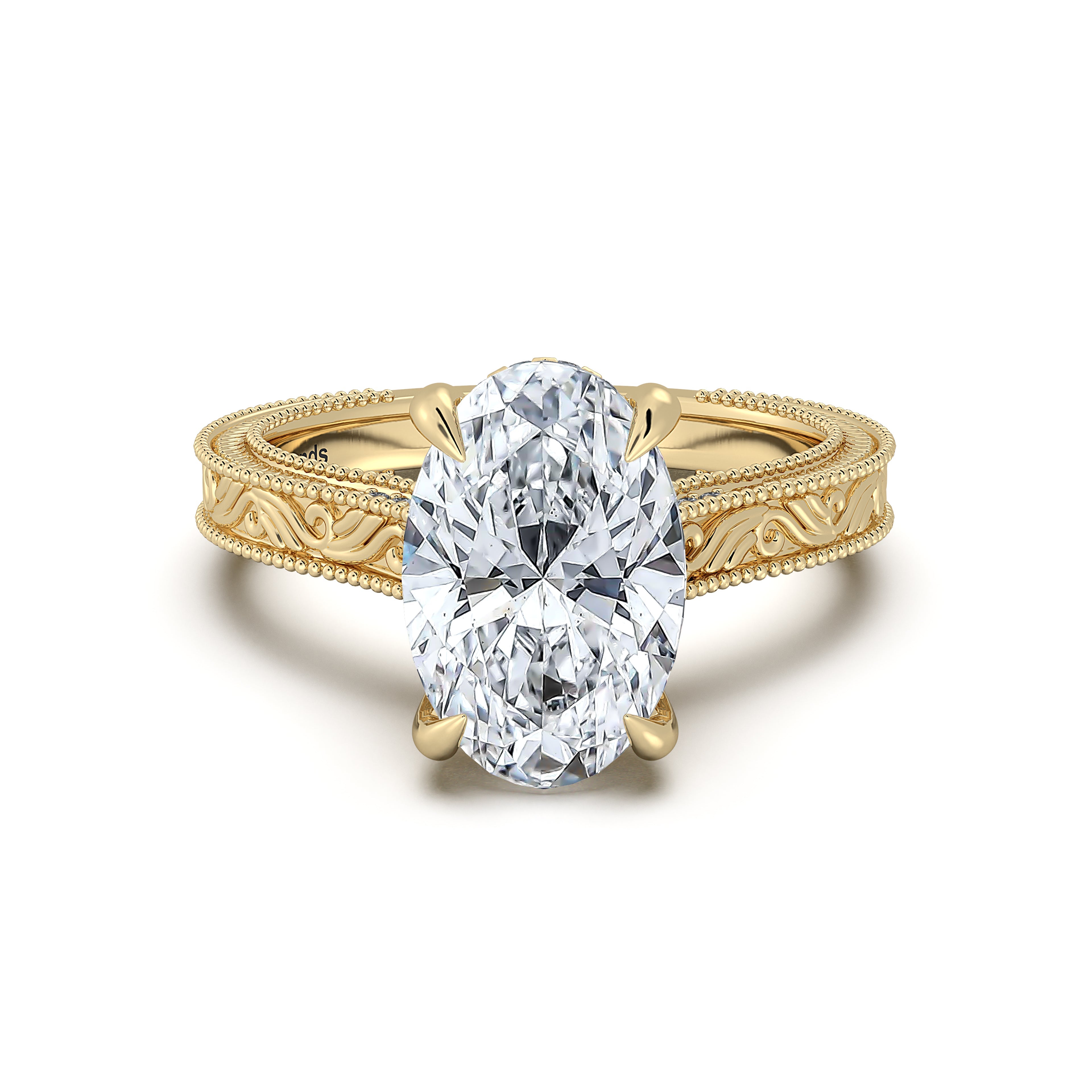 Yellow Gold Oval Hand-Engraved Diamond Engagement Ring | Waco Diamonds Is Located In Waco, TX | Central Texas' #1 Engagement Ring Store With Lifetime Warranty