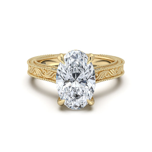 Load image 1 in gallery view. Yellow Gold Oval Hand-Engraved Diamond Engagement Ring | Waco Diamonds Is Located In Waco, TX | Central Texas' #1 Engagement Ring Store With Lifetime Warranty