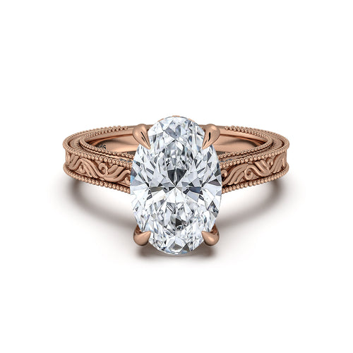 Load image 1 in gallery view. Rose Gold Oval Hand-Engraved Diamond Engagement Ring | Waco Diamonds Is Located In Waco, TX | Central Texas' #1 Engagement Ring Store With Lifetime Warranty