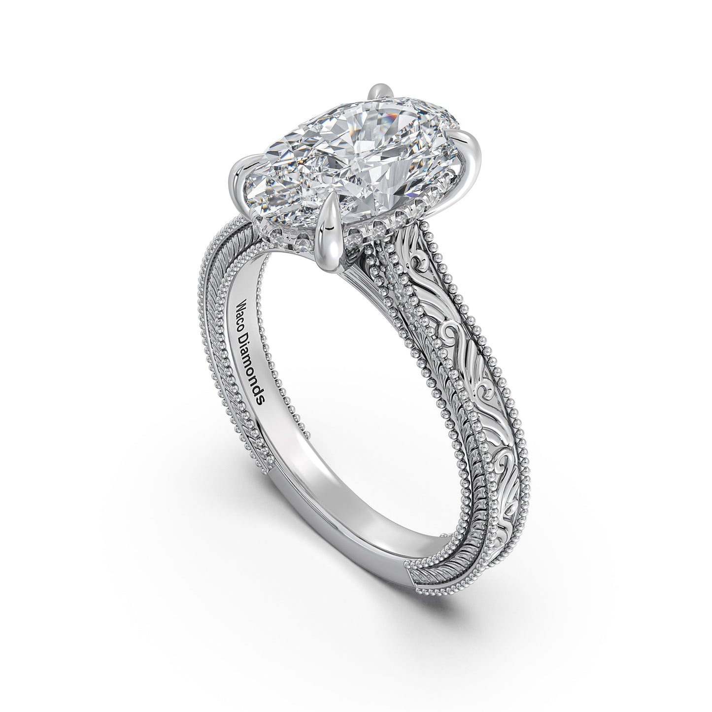 White Gold Oval Hand-Engraved Diamond Engagement Ring Side Profile | Waco Diamonds Is Located In Waco, TX | Central Texas' #1 Engagement Ring Store With Lifetime Warranty