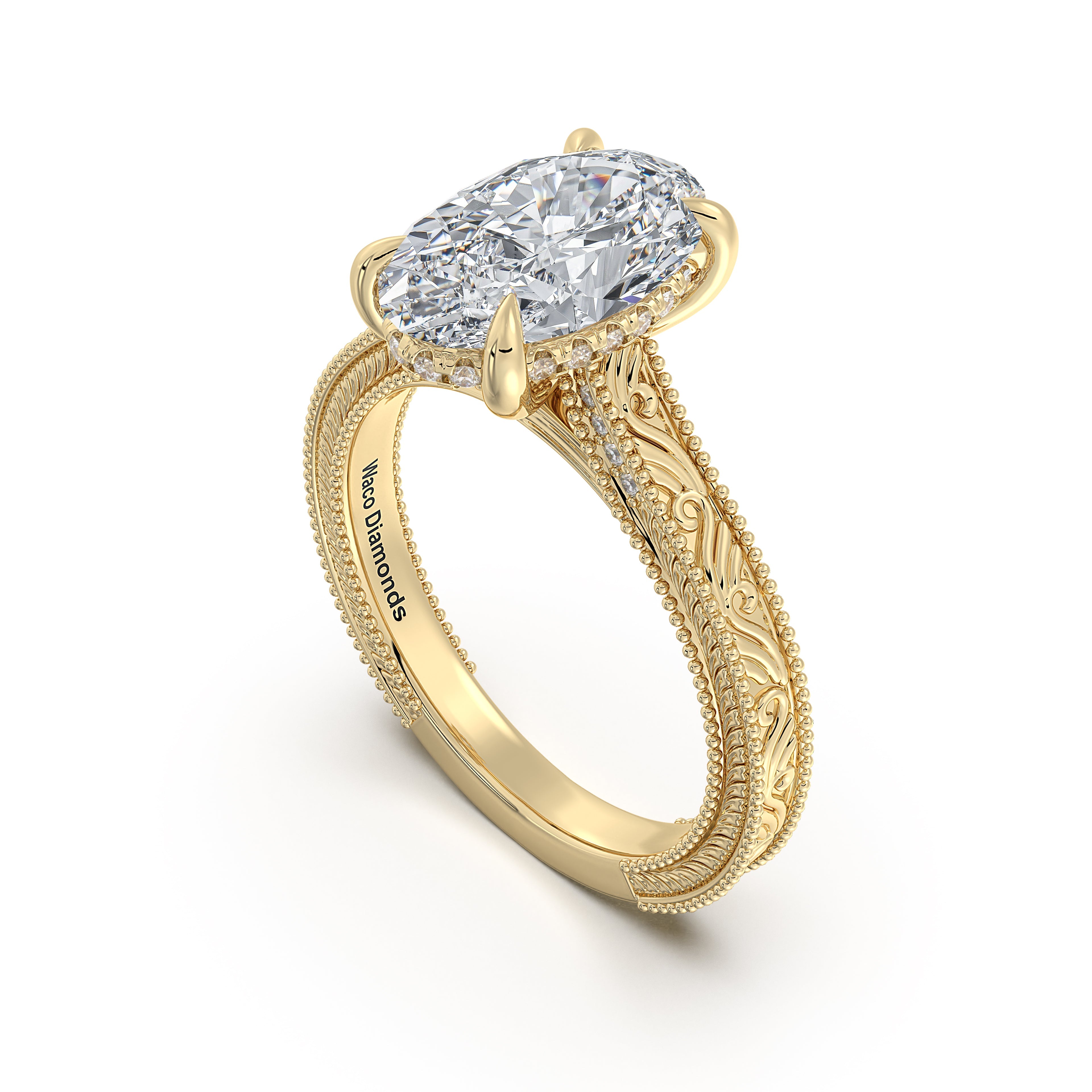 Yellow Gold Oval Hand-Engraved Diamond Engagement Ring Side Profile | Waco Diamonds Is Located In Waco, TX | Central Texas' #1 Engagement Ring Store With Lifetime Warranty