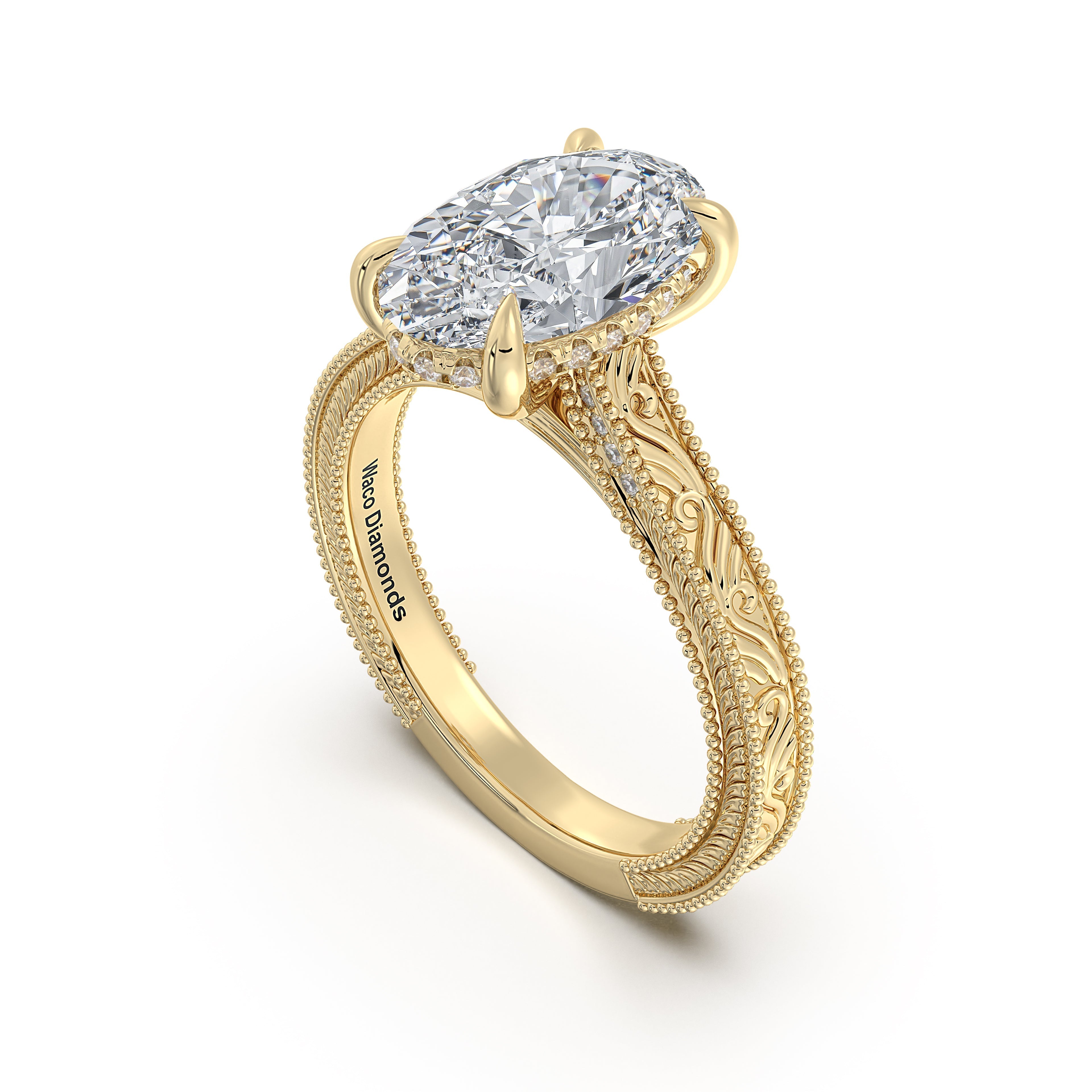 Yellow Gold Oval Hand-Engraved Diamond Engagement Ring Side Profile | Waco Diamonds Is Located In Waco, TX | Central Texas' #1 Engagement Ring Store With Lifetime Warranty