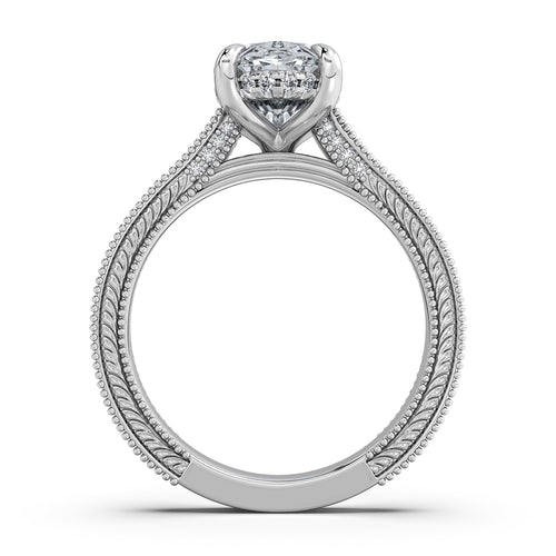 Load image 1 in gallery view. White Gold Oval Hand-Engraved Diamond Engagement Ring Profile View | Waco Diamonds Is Located In Waco, TX | Central Texas' #1 Engagement Ring Store With Lifetime Warranty