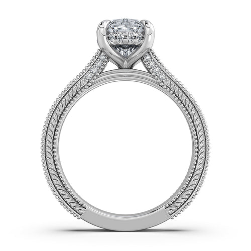 Load image 1 in gallery view. White Gold Oval Hand-Engraved Diamond Engagement Ring Profile View | Waco Diamonds Is Located In Waco, TX | Central Texas' #1 Engagement Ring Store With Lifetime Warranty