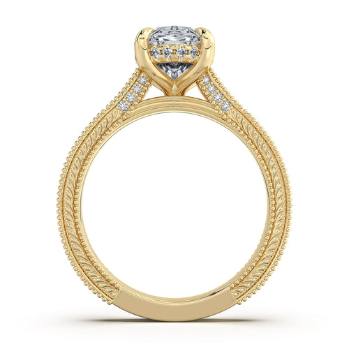 Load image 1 in gallery view. Yellow Gold Oval Hand-Engraved Diamond Engagement Ring Profile View | Waco Diamonds Is Located In Waco, TX | Central Texas' #1 Engagement Ring Store With Lifetime Warranty