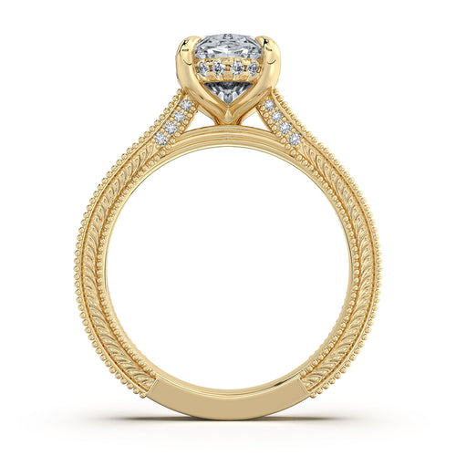 Load image 1 in gallery view. Yellow Gold Oval Hand-Engraved Diamond Engagement Ring Profile View | Waco Diamonds Is Located In Waco, TX | Central Texas' #1 Engagement Ring Store With Lifetime Warranty