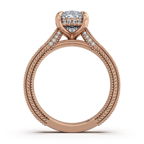 Load image 1 in gallery view. Rose Gold Oval Hand-Engraved Diamond Engagement Ring Profile View | Waco Diamonds Is Located In Waco, TX | Central Texas' #1 Engagement Ring Store With Lifetime Warranty