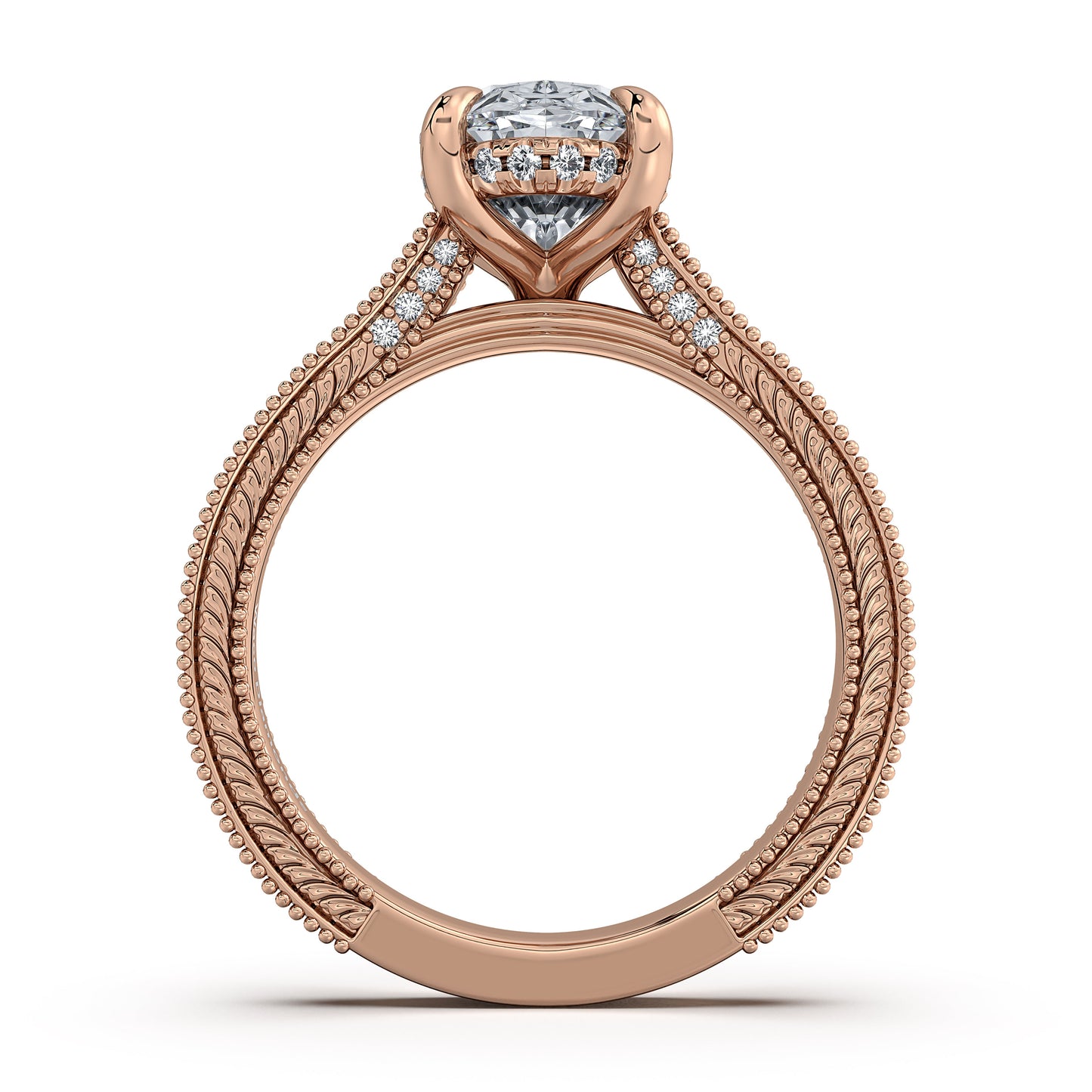 Rose Gold Oval Hand-Engraved Diamond Engagement Ring Profile View | Waco Diamonds Is Located In Waco, TX | Central Texas' #1 Engagement Ring Store With Lifetime Warranty