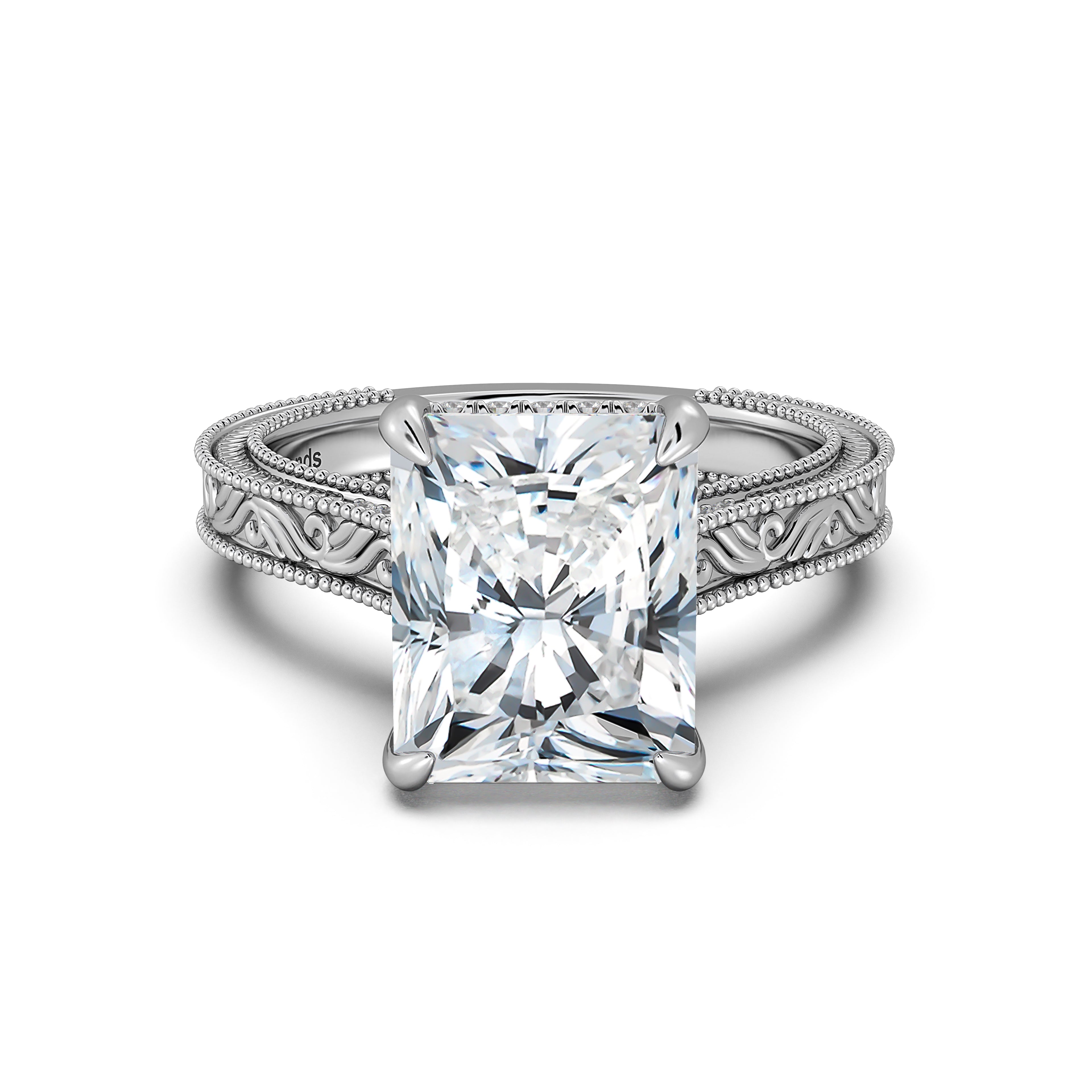White Gold Radiant Hand-Engraved Diamond Engagement Ring | Waco Diamonds Is Located In Waco, TX | Central Texas' #1 Engagement Ring Store With Lifetime Warranty