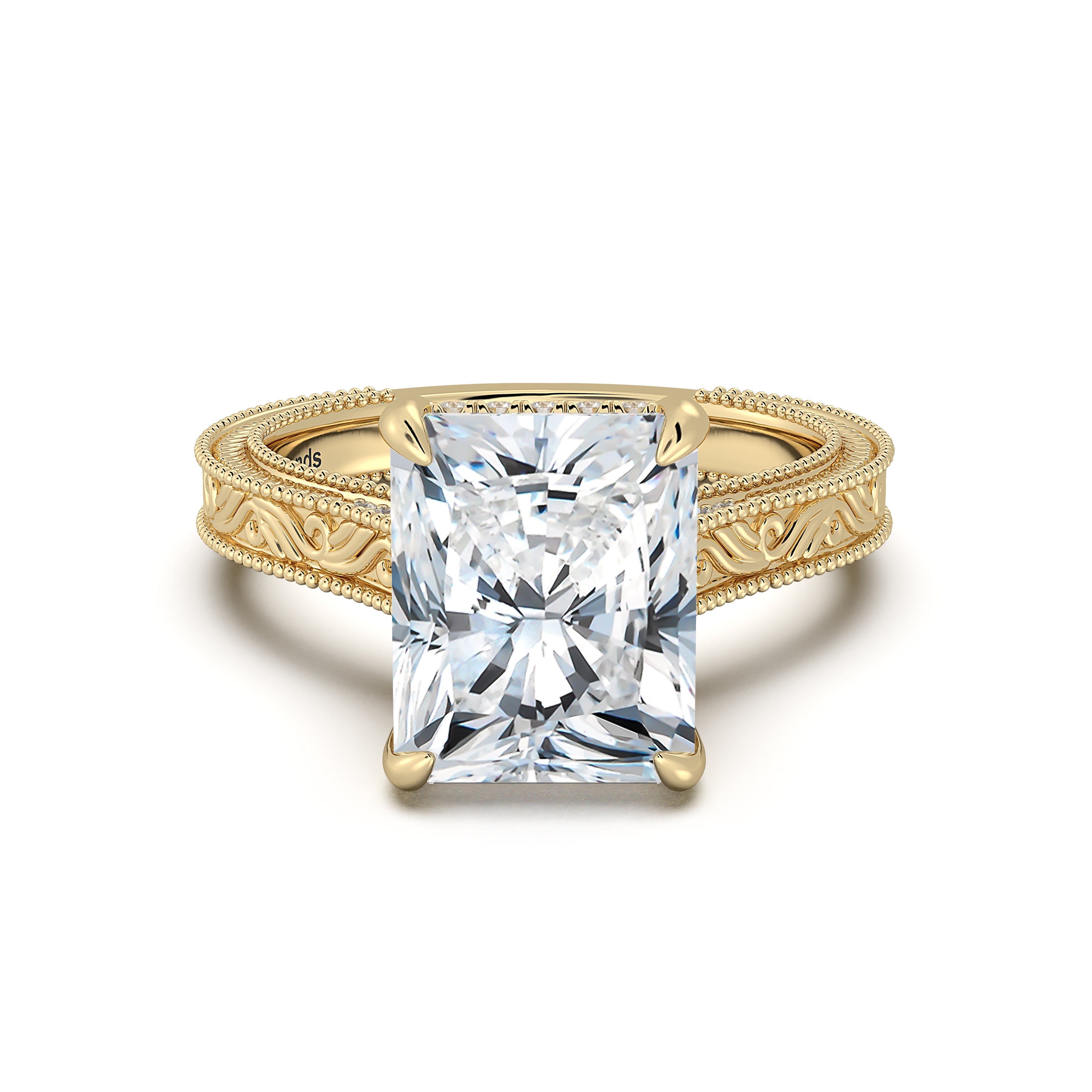 Yellow Gold Radiant Hand-Engraved Diamond Engagement Ring | Waco Diamonds Is Located In Waco, TX | Central Texas' #1 Engagement Ring Store With Lifetime Warranty