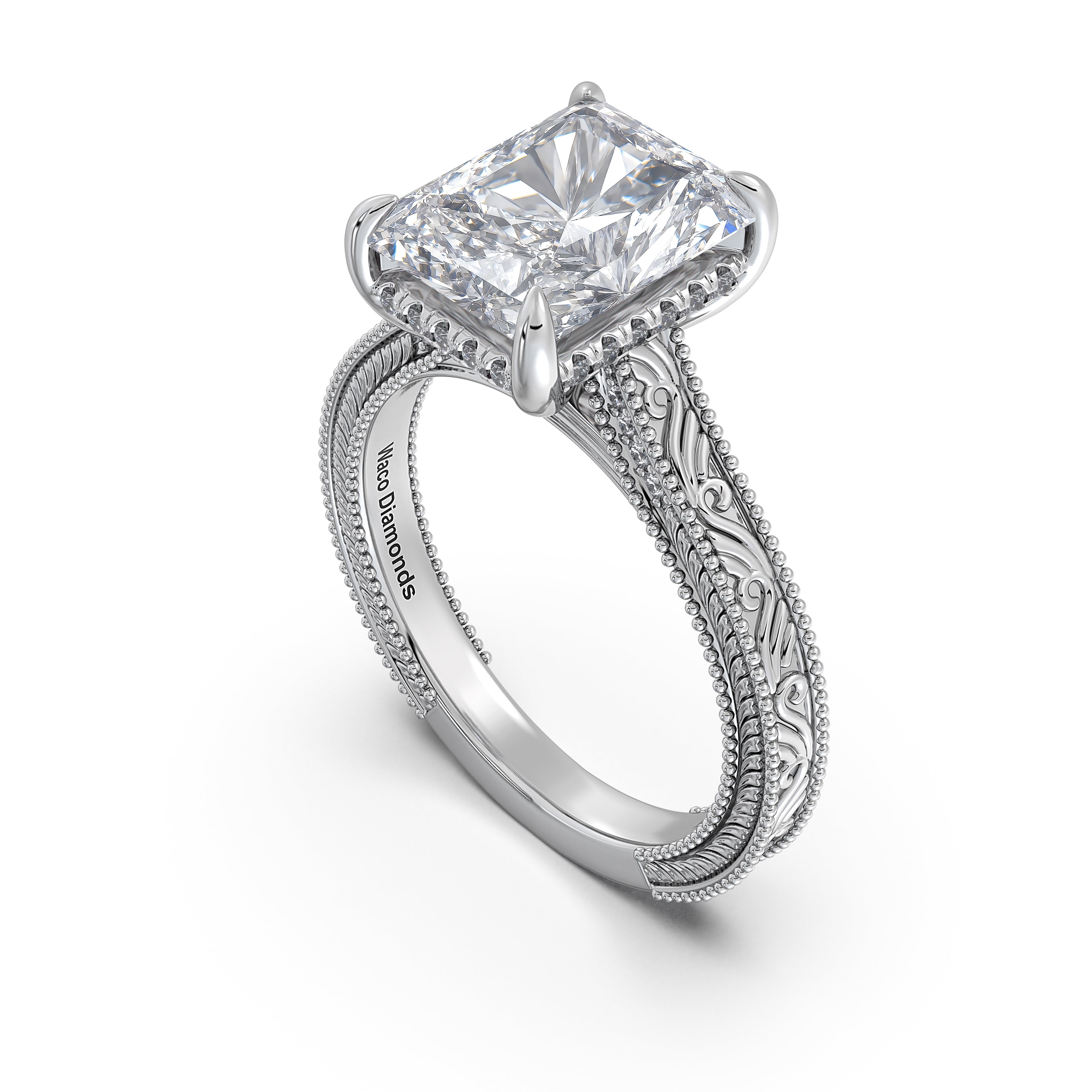 White Gold Radiant Hand-Engraved Diamond Engagement Ring Side Profile | Waco Diamonds Is Located In Waco, TX | Central Texas' #1 Engagement Ring Store With Lifetime Warranty