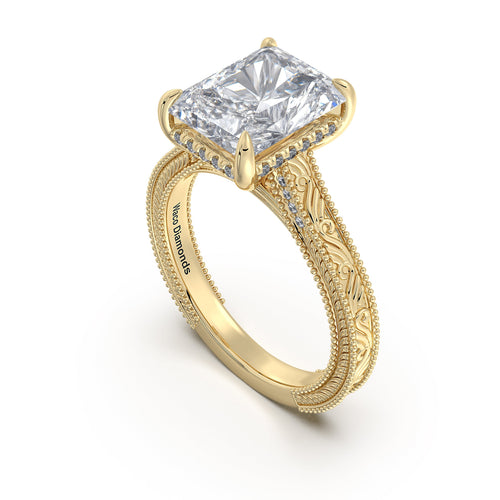 Load image 1 in gallery view. Yellow Gold Radiant Hand-Engraved Diamond Engagement Ring Side Profile | Waco Diamonds Is Located In Waco, TX | Central Texas' #1 Engagement Ring Store With Lifetime Warranty