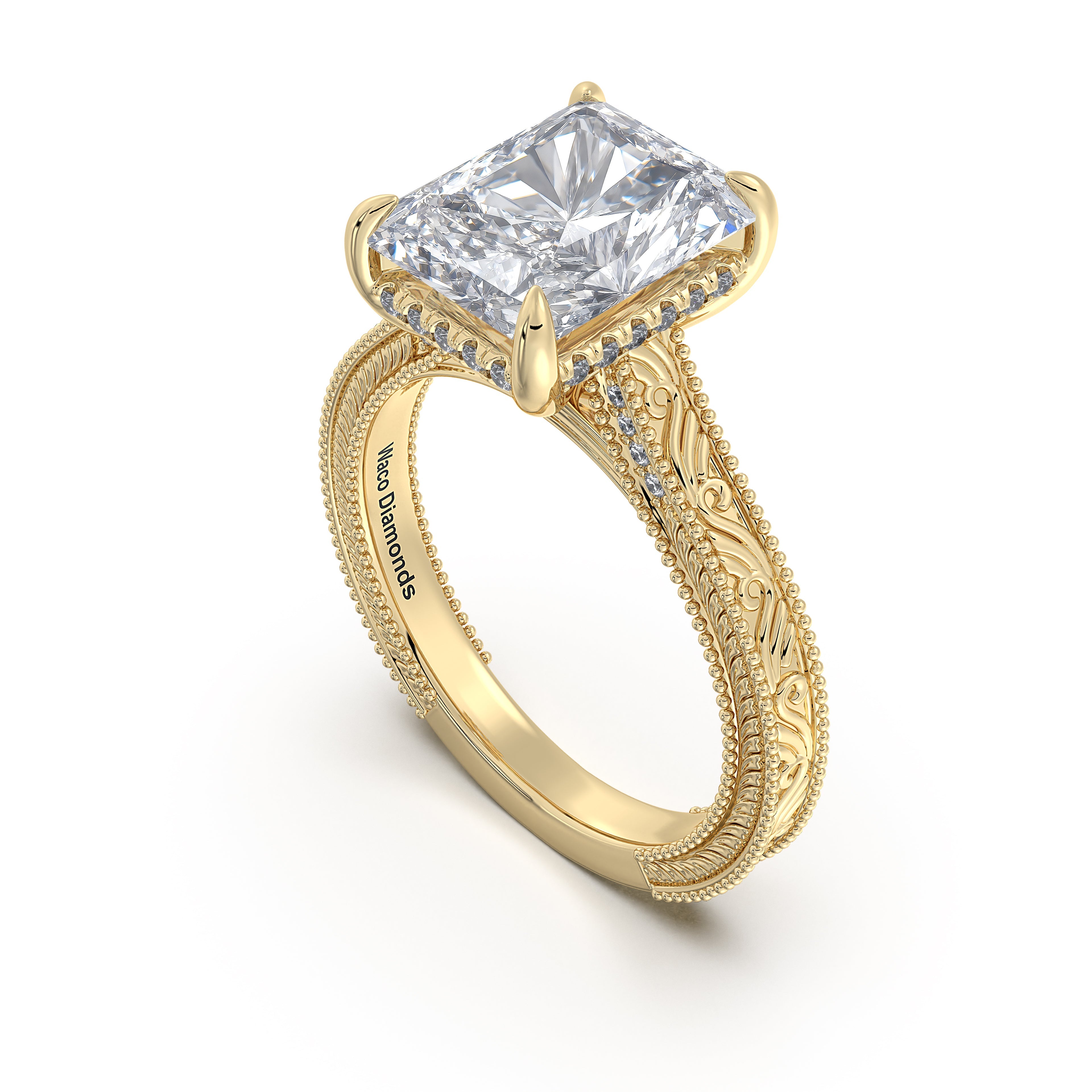 Yellow Gold Radiant Hand-Engraved Diamond Engagement Ring Side Profile | Waco Diamonds Is Located In Waco, TX | Central Texas' #1 Engagement Ring Store With Lifetime Warranty