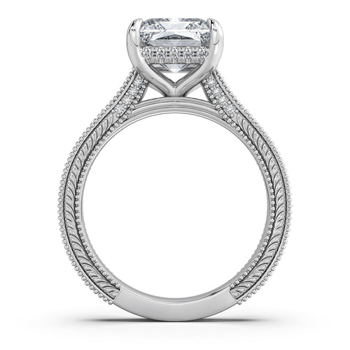 Load image 1 in gallery view. White Gold Radiant Hand-Engraved Diamond Engagement Ring Profile View | Waco Diamonds Is Located In Waco, TX | Central Texas' #1 Engagement Ring Store With Lifetime Warranty
