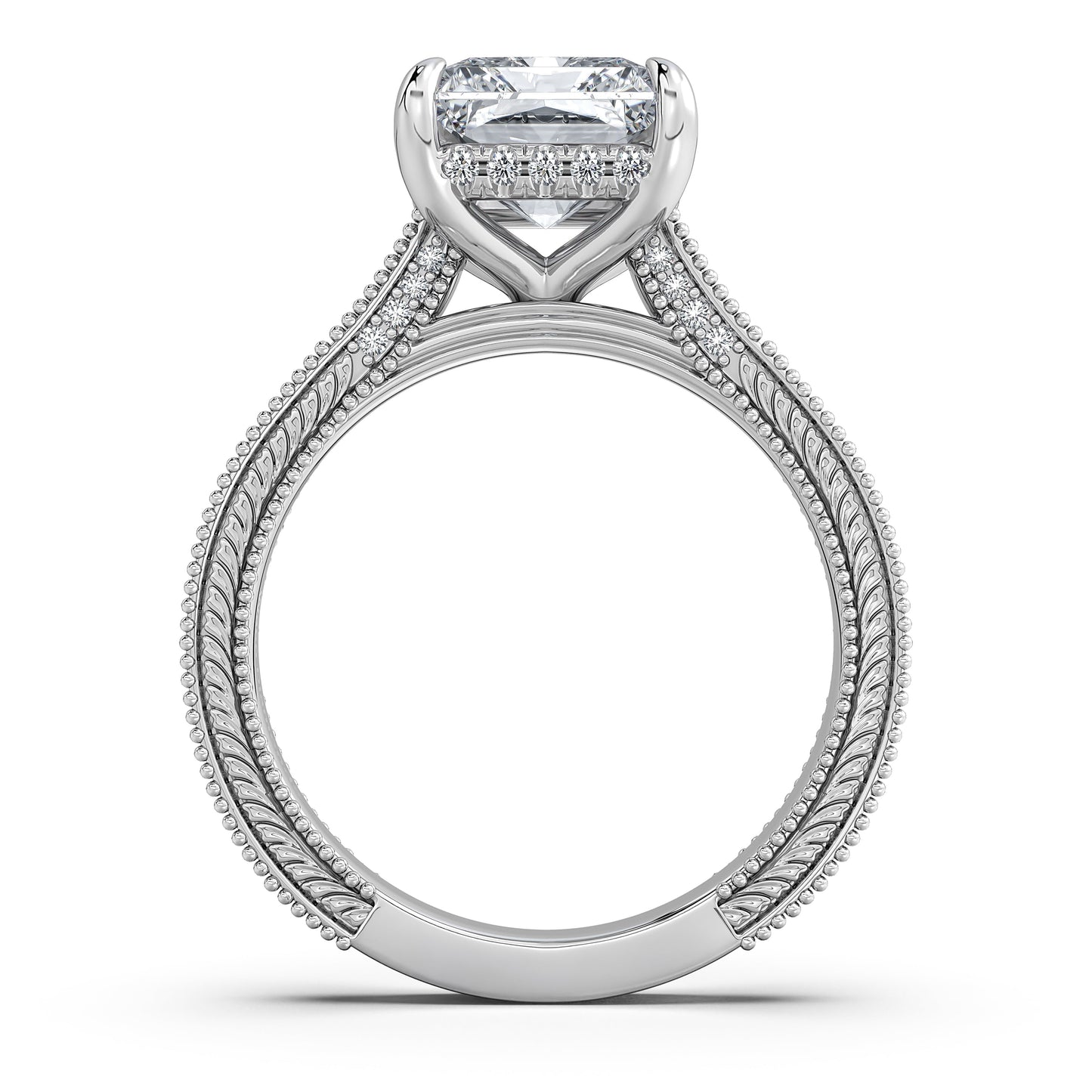 White Gold Radiant Hand-Engraved Diamond Engagement Ring Profile View | Waco Diamonds Is Located In Waco, TX | Central Texas' #1 Engagement Ring Store With Lifetime Warranty