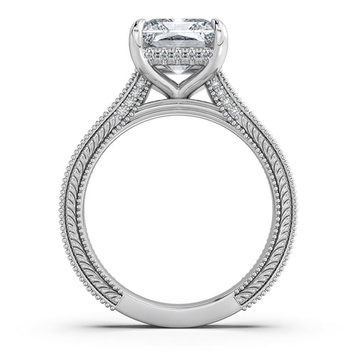 Load image 1 in gallery view. White Gold Radiant Hand-Engraved Diamond Engagement Ring Profile View | Waco Diamonds Is Located In Waco, TX | Central Texas' #1 Engagement Ring Store With Lifetime Warranty