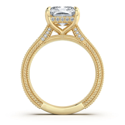 Load image 1 in gallery view. Yellow Gold Radiant Hand-Engraved Diamond Engagement Ring Profile View | Waco Diamonds Is Located In Waco, TX | Central Texas' #1 Engagement Ring Store With Lifetime Warranty