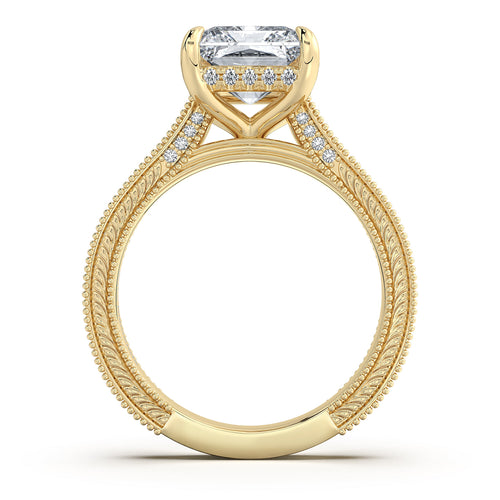 Load image 1 in gallery view. Yellow Gold Radiant Hand-Engraved Diamond Engagement Ring Profile View | Waco Diamonds Is Located In Waco, TX | Central Texas' #1 Engagement Ring Store With Lifetime Warranty