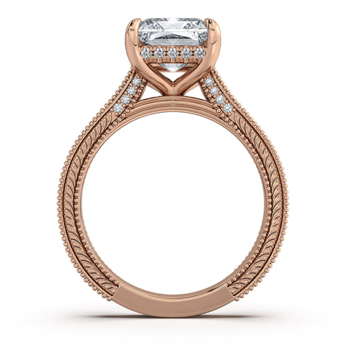 Load image 1 in gallery view. Rose Gold Radiant Hand-Engraved Diamond Engagement Ring Profile View | Waco Diamonds Is Located In Waco, TX | Central Texas' #1 Engagement Ring Store With Lifetime Warranty