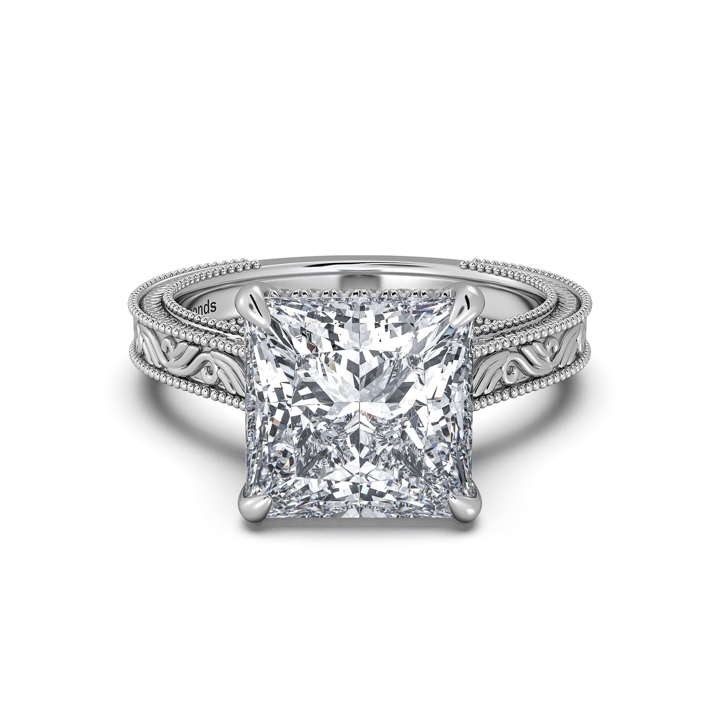 White Gold Princess Hand-Engraved Diamond Engagement Ring | Waco Diamonds Is Located In Waco, TX | Central Texas' #1 Engagement Ring Store With Lifetime Warranty
