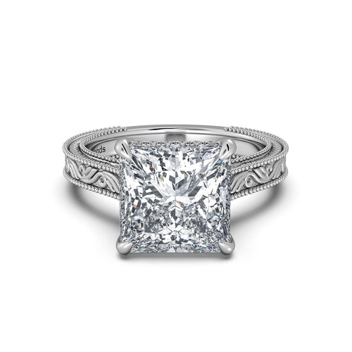 Load image 1 in gallery view. White Gold Princess Hand-Engraved Diamond Engagement Ring | Waco Diamonds Is Located In Waco, TX | Central Texas' #1 Engagement Ring Store With Lifetime Warranty
