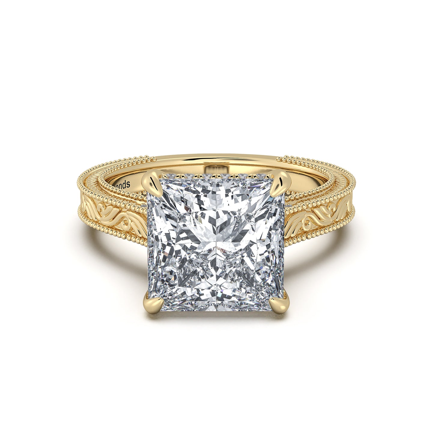 Yellow Gold Princess Hand-Engraved Diamond Engagement Ring | Waco Diamonds Is Located In Waco, TX | Central Texas' #1 Engagement Ring Store With Lifetime Warranty