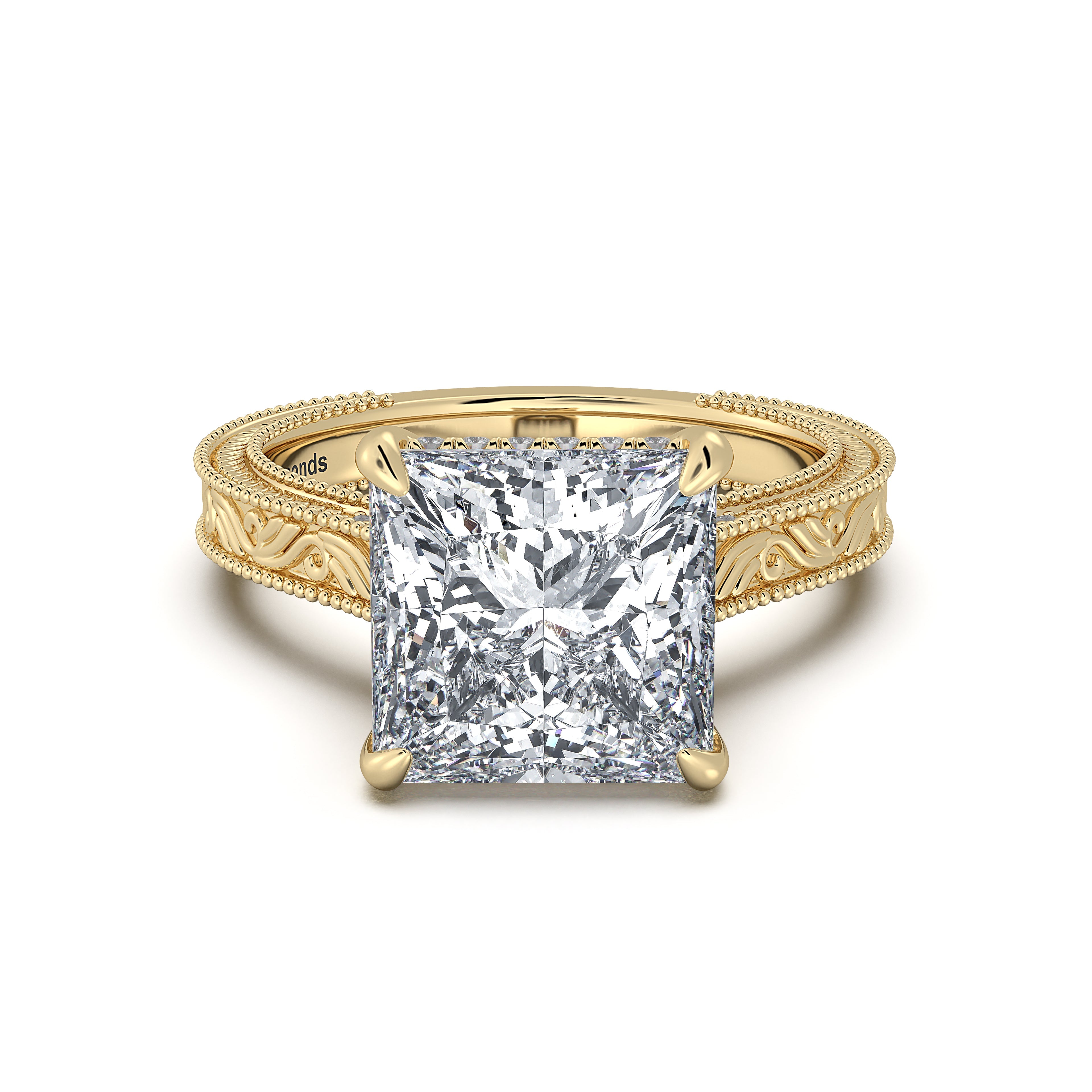 Yellow Gold Princess Hand-Engraved Diamond Engagement Ring | Waco Diamonds Is Located In Waco, TX | Central Texas' #1 Engagement Ring Store With Lifetime Warranty