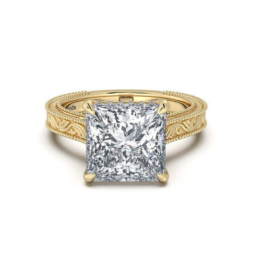 Load image 1 in gallery view. Yellow Gold Princess Hand-Engraved Diamond Engagement Ring | Waco Diamonds Is Located In Waco, TX | Central Texas' #1 Engagement Ring Store With Lifetime Warranty