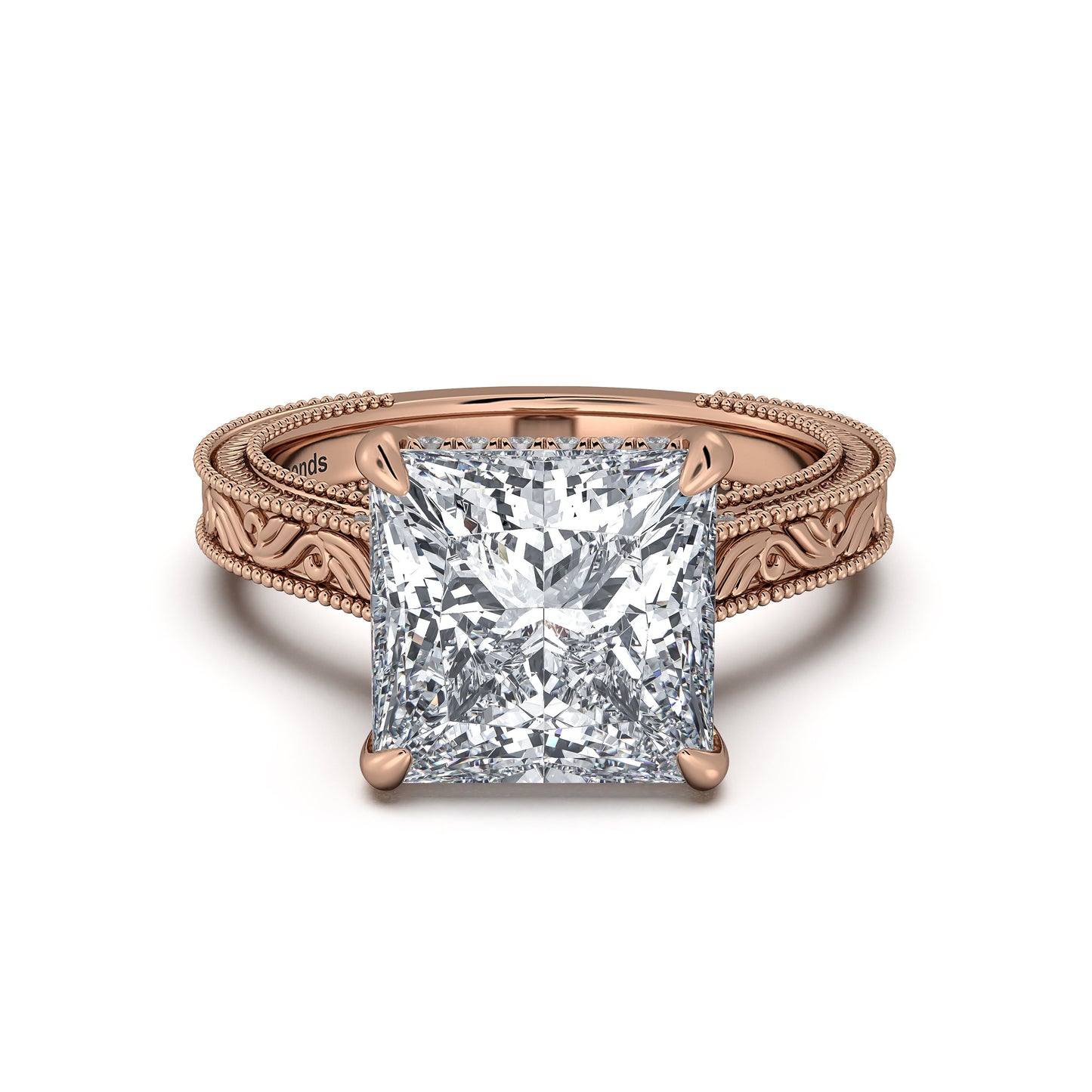 Rose Gold Princess Hand-Engraved Diamond Engagement Ring | Waco Diamonds Is Located In Waco, TX | Central Texas' #1 Engagement Ring Store With Lifetime Warranty