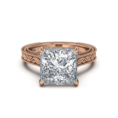 Load image 1 in gallery view. Rose Gold Princess Hand-Engraved Diamond Engagement Ring | Waco Diamonds Is Located In Waco, TX | Central Texas' #1 Engagement Ring Store With Lifetime Warranty