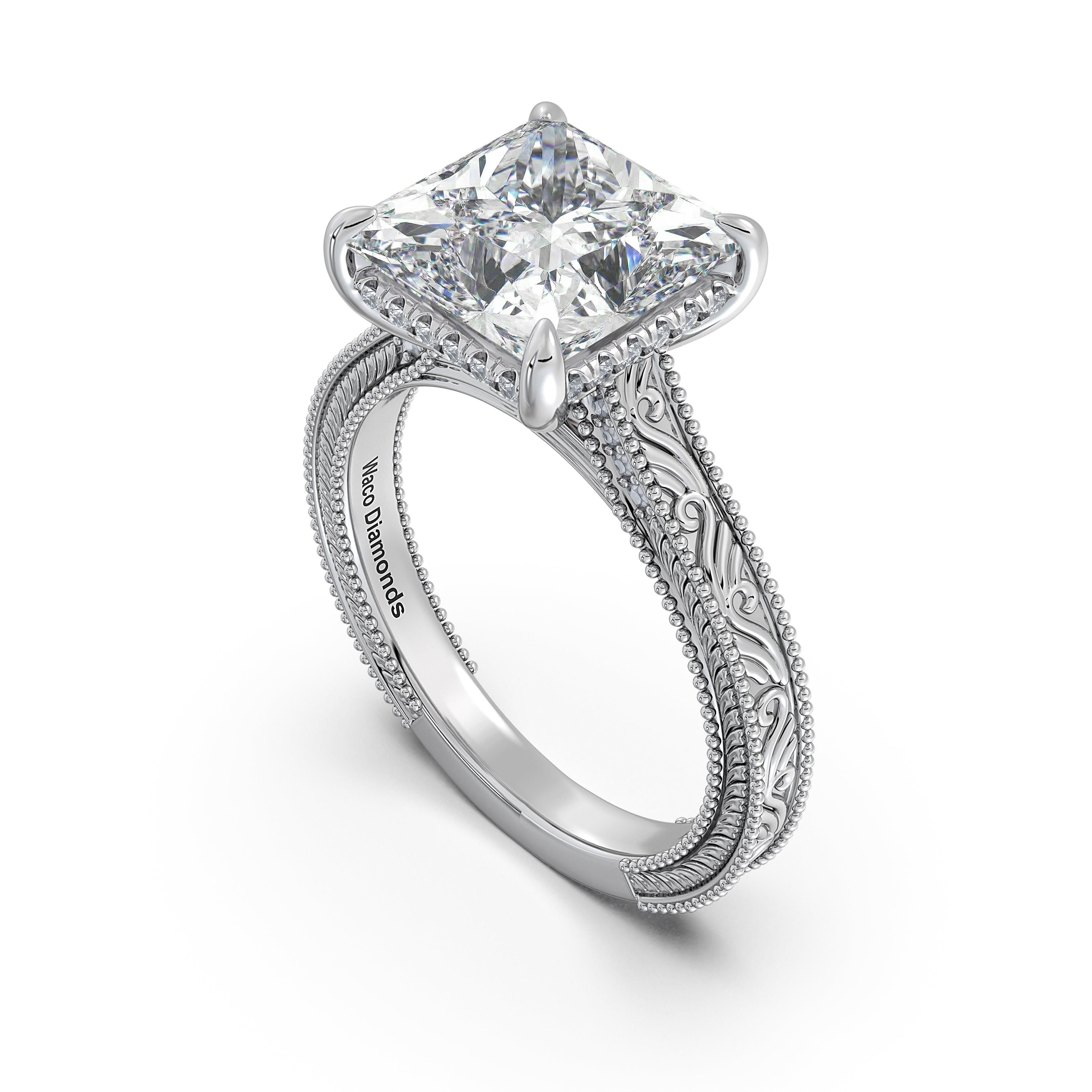 White Gold Princess Hand-Engraved Diamond Engagement Ring Side Profile | Waco Diamonds Is Located In Waco, TX | Central Texas' #1 Engagement Ring Store With Lifetime Warranty
