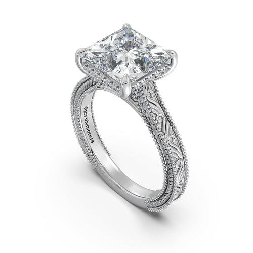 Load image 1 in gallery view. White Gold Princess Hand-Engraved Diamond Engagement Ring Side Profile | Waco Diamonds Is Located In Waco, TX | Central Texas' #1 Engagement Ring Store With Lifetime Warranty