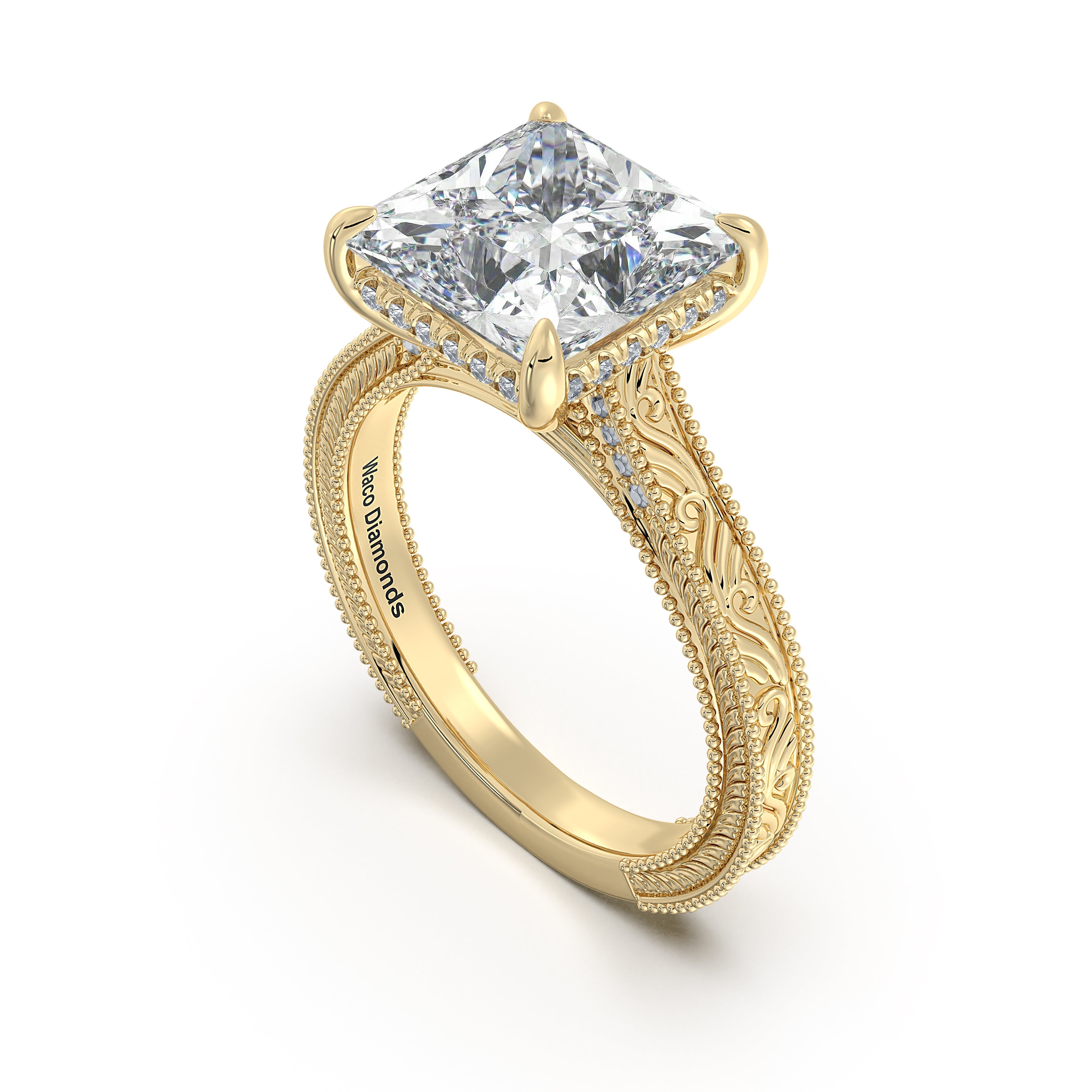 Yellow Gold Princess Hand-Engraved Diamond Engagement Ring Side Profile | Waco Diamonds Is Located In Waco, TX | Central Texas' #1 Engagement Ring Store With Lifetime Warranty