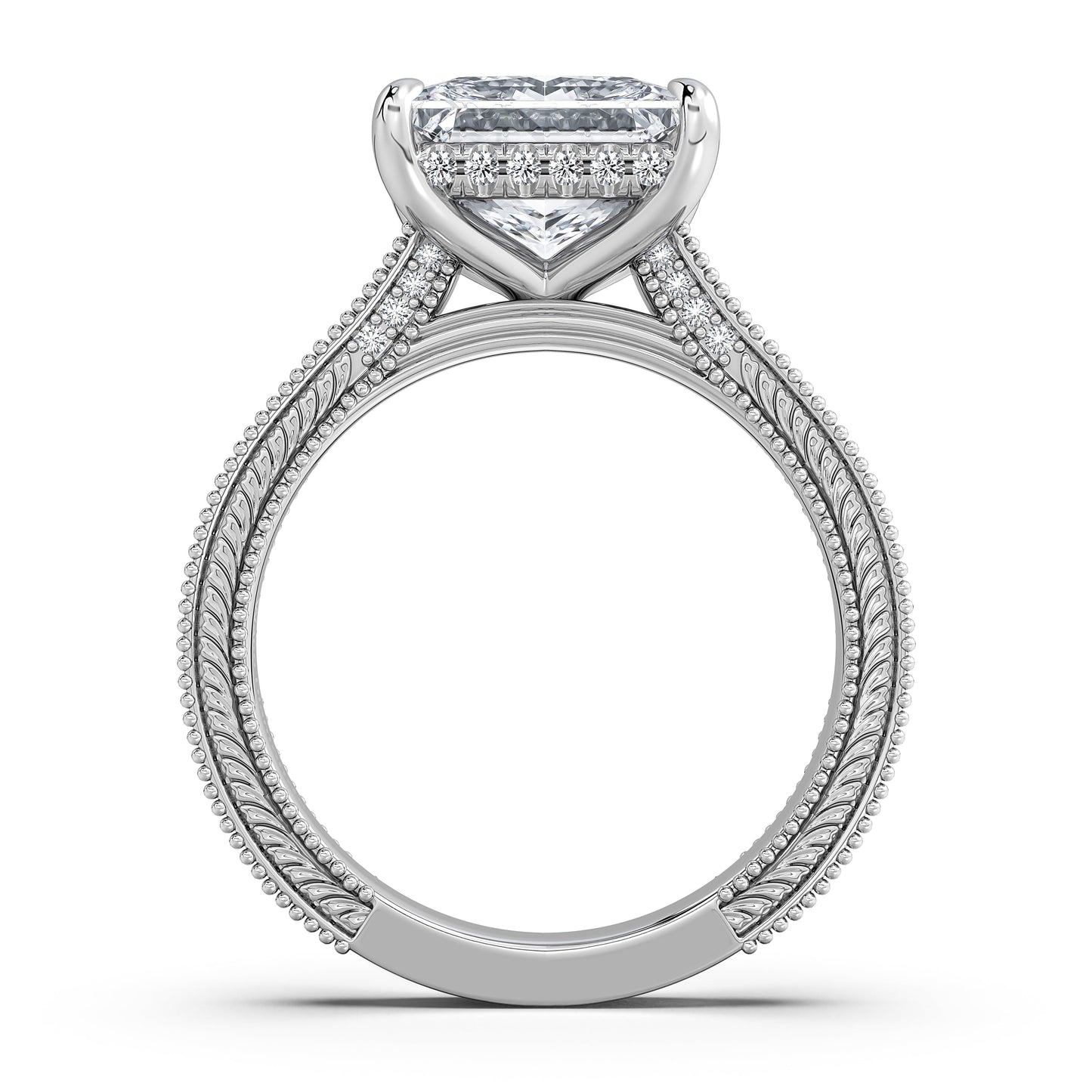White Gold Princess Hand-Engraved Diamond Engagement Ring Profile View | Waco Diamonds Is Located In Waco, TX | Central Texas' #1 Engagement Ring Store With Lifetime Warranty
