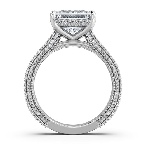 Load image 1 in gallery view. White Gold Princess Hand-Engraved Diamond Engagement Ring Profile View | Waco Diamonds Is Located In Waco, TX | Central Texas' #1 Engagement Ring Store With Lifetime Warranty
