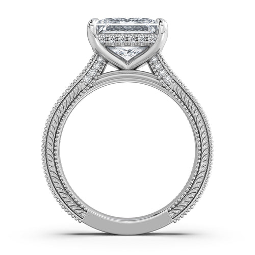 Load image 1 in gallery view. White Gold Princess Hand-Engraved Diamond Engagement Ring Profile View | Waco Diamonds Is Located In Waco, TX | Central Texas' #1 Engagement Ring Store With Lifetime Warranty