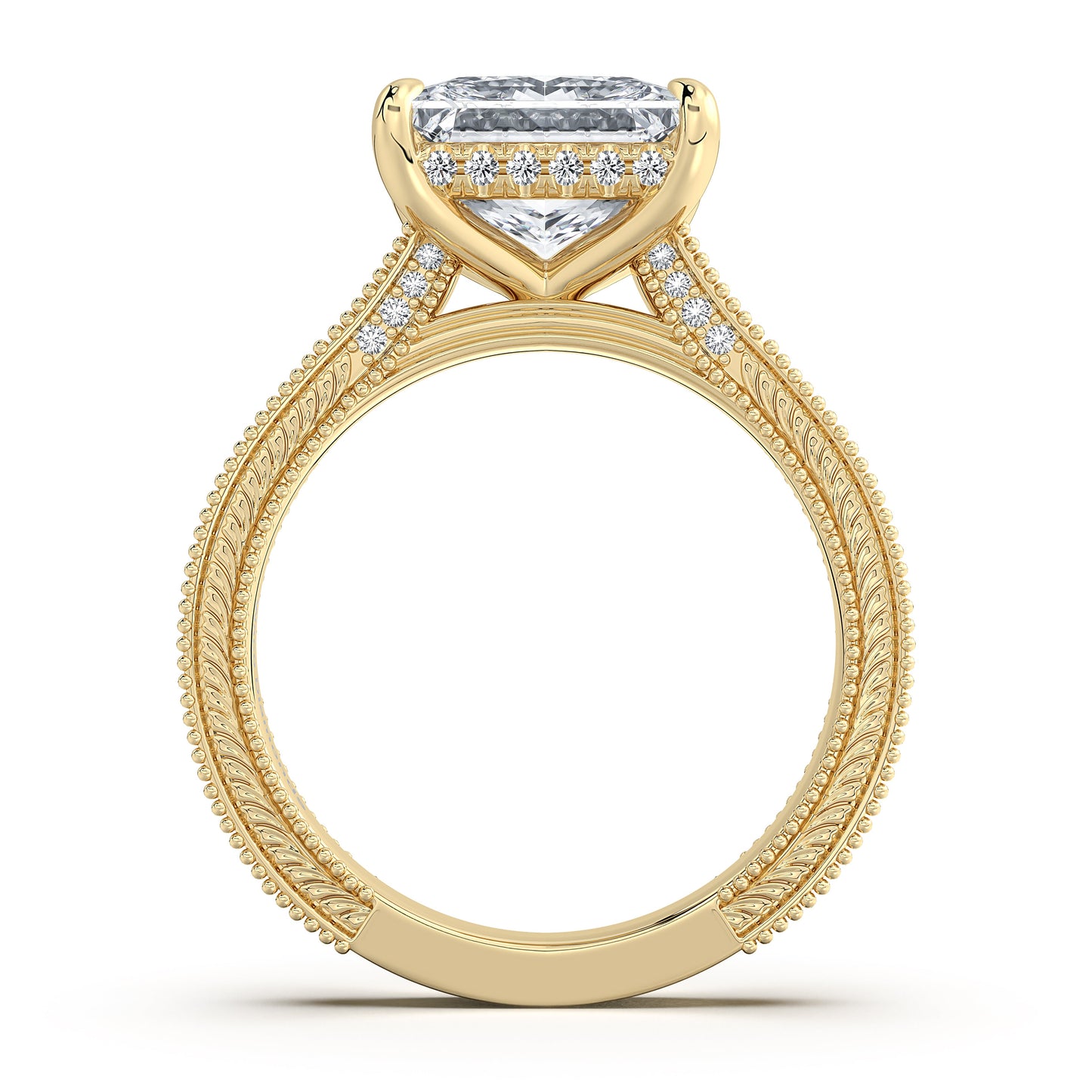 Yellow Gold Princess Hand-Engraved Diamond Engagement Ring Profile View | Waco Diamonds Is Located In Waco, TX | Central Texas' #1 Engagement Ring Store With Lifetime Warranty