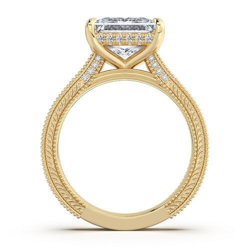 Load image 1 in gallery view. Yellow Gold Princess Hand-Engraved Diamond Engagement Ring Profile View | Waco Diamonds Is Located In Waco, TX | Central Texas' #1 Engagement Ring Store With Lifetime Warranty