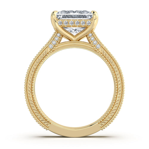 Load image 1 in gallery view. Yellow Gold Princess Hand-Engraved Diamond Engagement Ring Profile View | Waco Diamonds Is Located In Waco, TX | Central Texas' #1 Engagement Ring Store With Lifetime Warranty