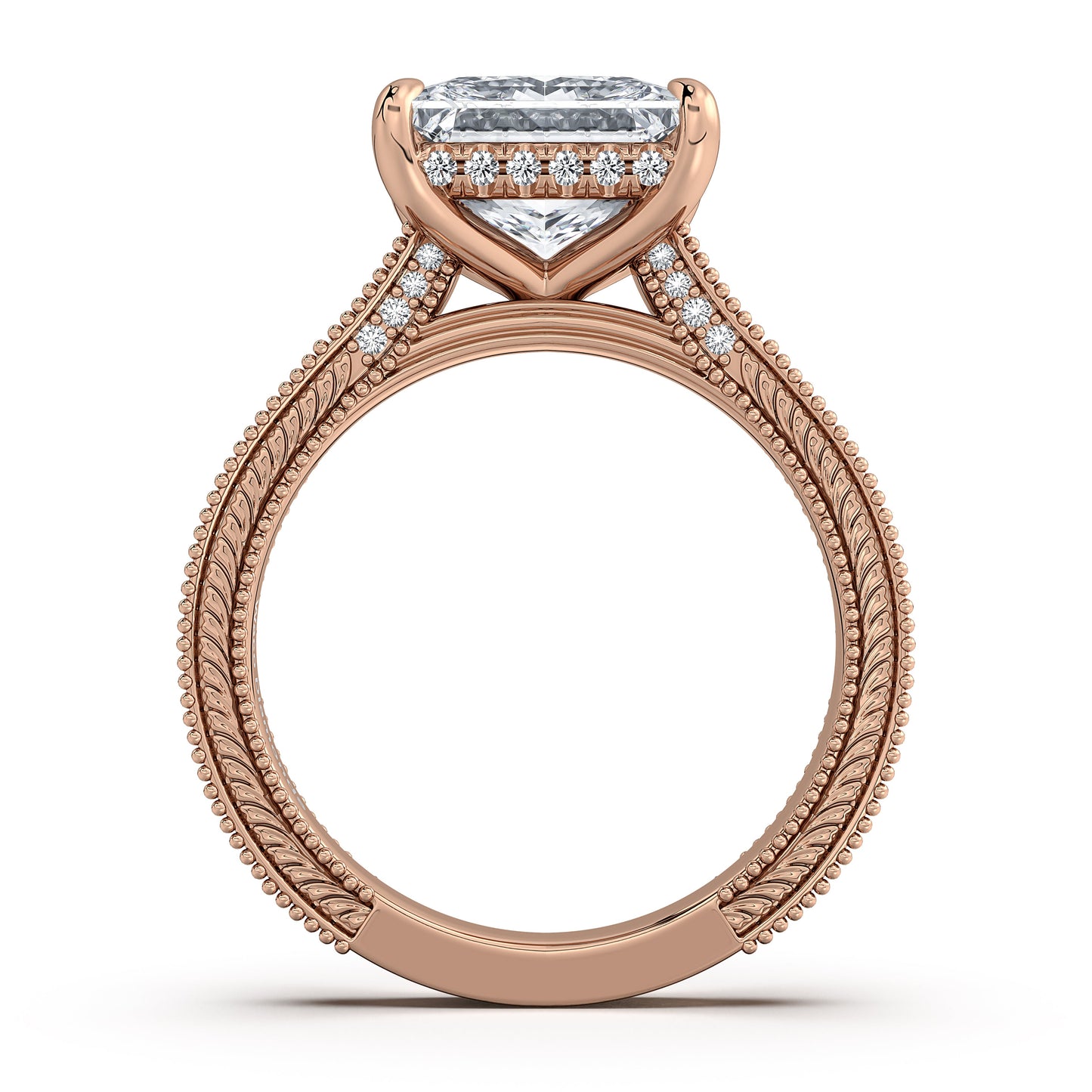 Rose Gold Princess Hand-Engraved Diamond Engagement Ring Profile View | Waco Diamonds Is Located In Waco, TX | Central Texas' #1 Engagement Ring Store With Lifetime Warranty