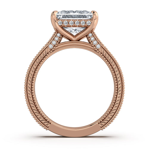 Load image 1 in gallery view. Rose Gold Princess Hand-Engraved Diamond Engagement Ring Profile View | Waco Diamonds Is Located In Waco, TX | Central Texas' #1 Engagement Ring Store With Lifetime Warranty