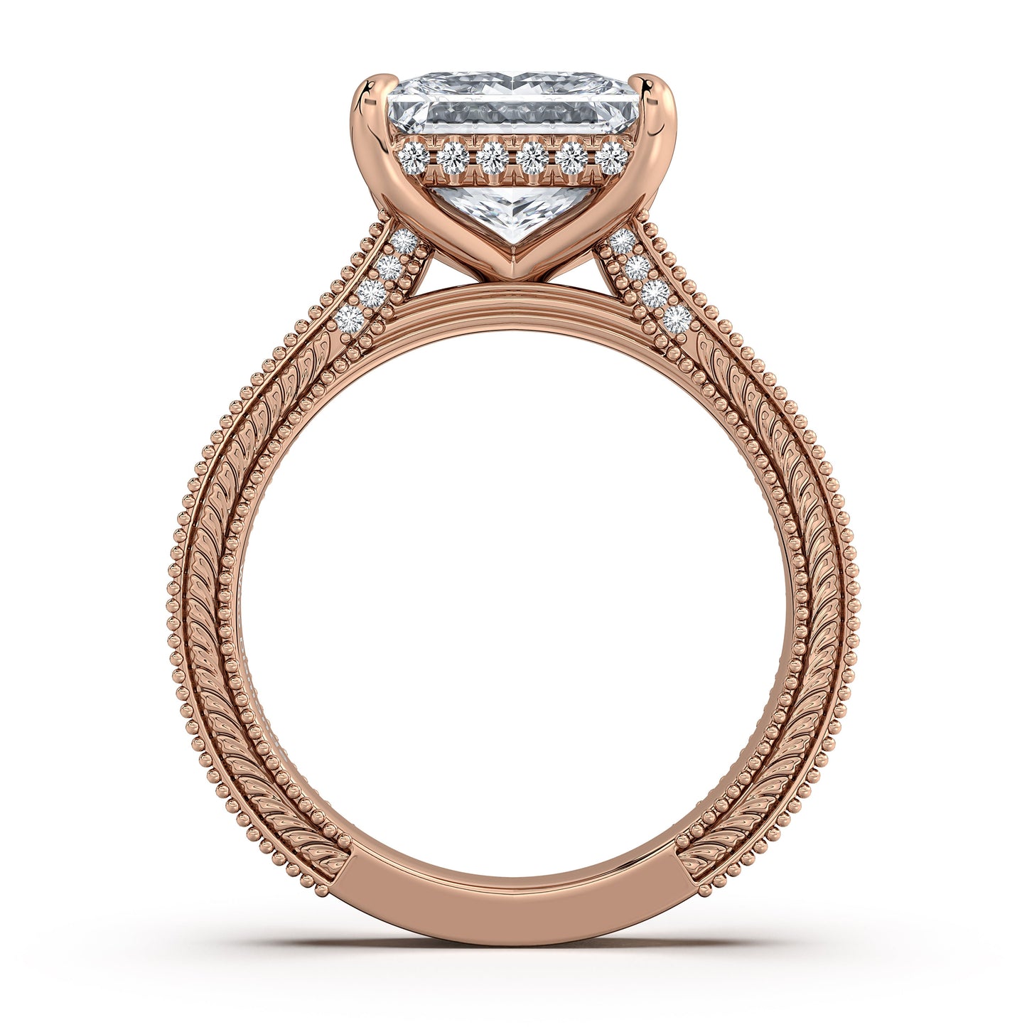 Rose Gold Princess Hand-Engraved Diamond Engagement Ring Profile View | Waco Diamonds Is Located In Waco, TX | Central Texas' #1 Engagement Ring Store With Lifetime Warranty