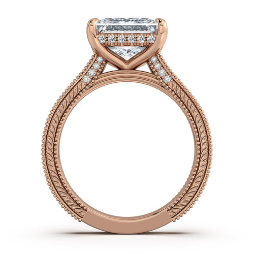 Load image 1 in gallery view. Rose Gold Princess Hand-Engraved Diamond Engagement Ring Profile View | Waco Diamonds Is Located In Waco, TX | Central Texas' #1 Engagement Ring Store With Lifetime Warranty