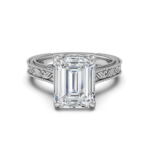 Load image 1 in gallery view. White Gold Emerald Hand-Engraved Diamond Engagement Ring | Waco Diamonds Is Located In Waco, TX | Central Texas' #1 Engagement Ring Store With Lifetime Warranty