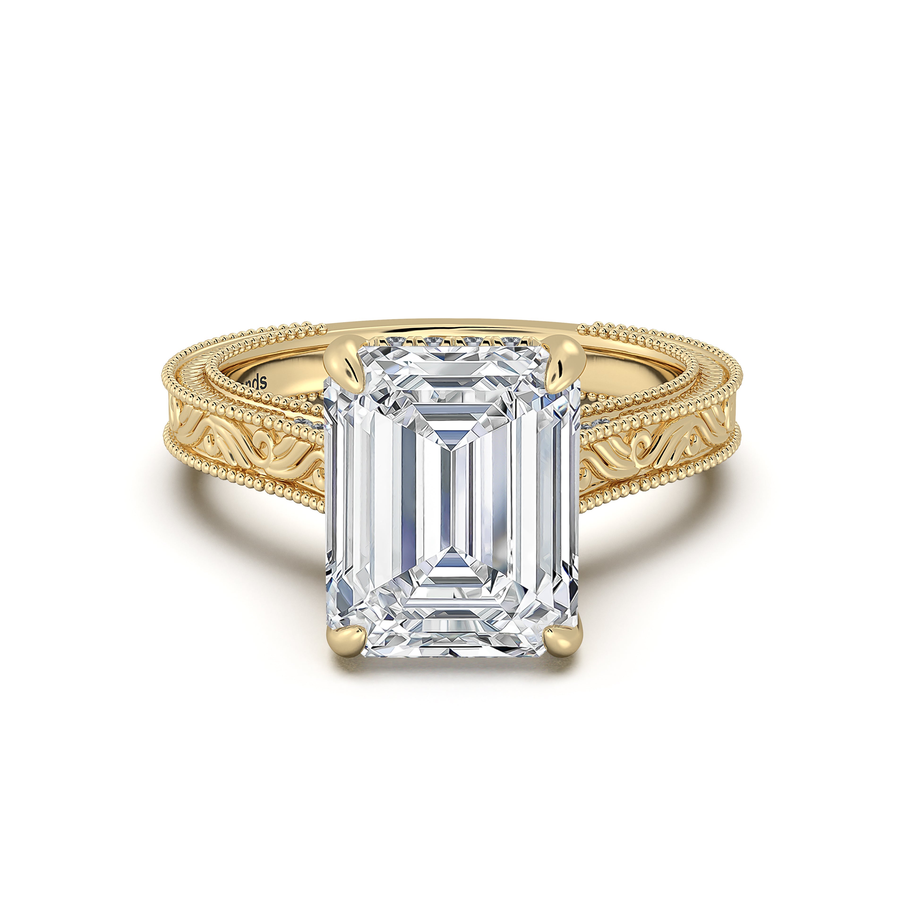 Yellow Gold Emerald Hand-Engraved Diamond Engagement Ring | Waco Diamonds Is Located In Waco, TX | Central Texas' #1 Engagement Ring Store With Lifetime Warranty