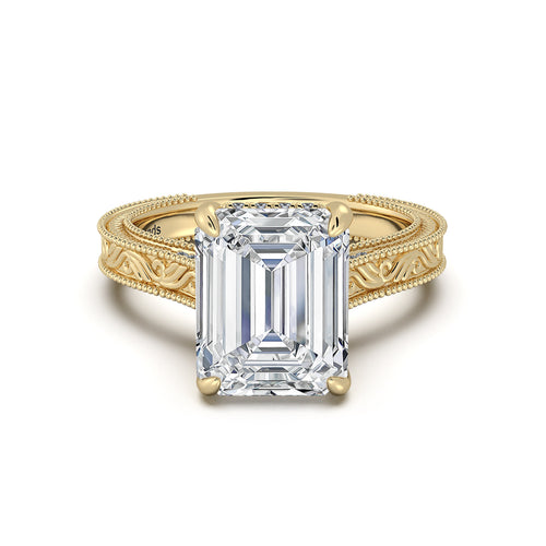 Load image 1 in gallery view. Yellow Gold Emerald Hand-Engraved Diamond Engagement Ring | Waco Diamonds Is Located In Waco, TX | Central Texas' #1 Engagement Ring Store With Lifetime Warranty